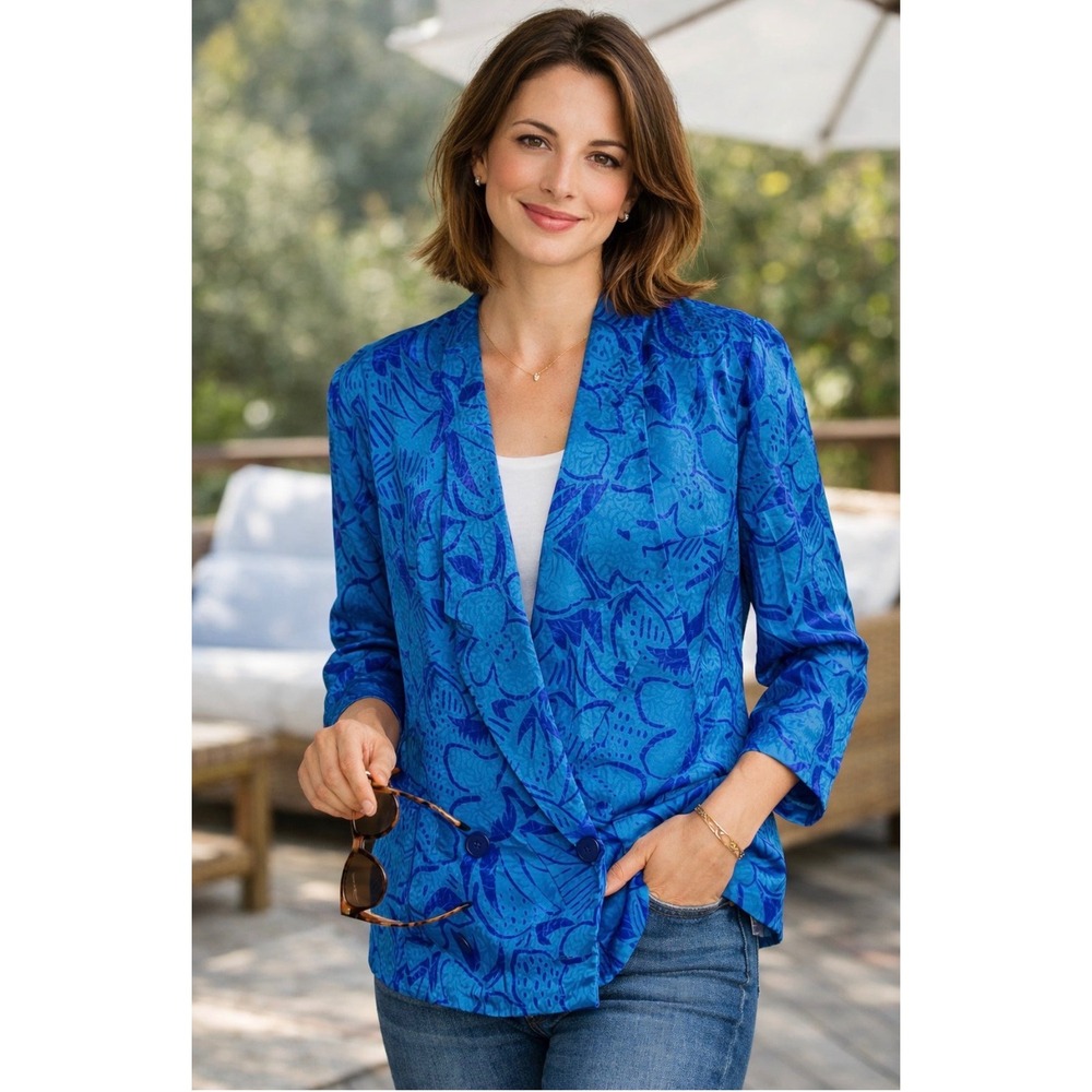 Silks by St Gillian Blue Purple Silk Blazer Double Breasted size 12.
B112.